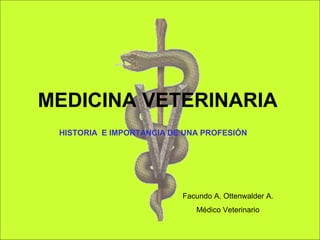 MEDICINA VETERINARIA
HISTORIA E IMPORTANCIA DE UNA PROFESIÓN
Facundo A. Ottenwalder A.
Médico Veterinario
 