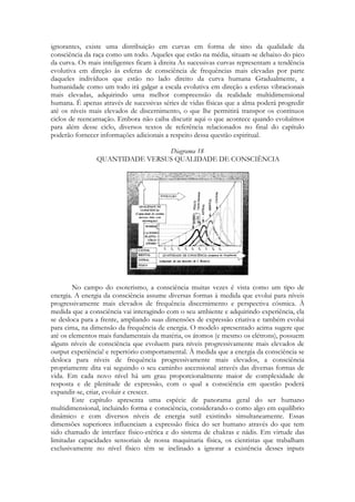ignorantes, existe uma distribuição em curvas em forma de sino da qualidade da
consciência da raça como um todo. Aqueles que estão na média, situam-se debaixo do pico
da curva. Os mais inteligentes ficam à direita As sucessivas curvas representam a tendência
evolutiva em direção às esferas de consciência de frequências mais elevadas por parte
daqueles indivíduos que estão no lado direito da curva humana Gradualmente, a
humanidade como um todo irá galgar a escala evolutiva em direção a esferas vibracionais
mais elevadas, adquirindo uma melhor compreensão da realidade multidimensional
humana. É apenas através de sucessivas séries de vidas físicas que a alma poderá progredir
até os níveis mais elevados de discernimento, o que lhe permitirá transpor os contínuos
ciclos de reencarnação. Embora não caiba discutir aqui o que acontece quando evoluímos
para além desse ciclo, diversos textos de referência relacionados no final do capítulo
poderão fornecer informações adicionais a respeito dessa questão espiritual.
Diagrama 18
QUANTIDADE VERSUS QUALIDADE DE CONSCIÊNCIA

No campo do esoterismo, a consciência muitas vezes é vista como um tipo de
energia. A energia da consciência assume diversas formas à medida que evolui para níveis
progressivamente mais elevados de frequência discernimento e perspectiva cósmica. À
medida que a consciência vai interagindo com o seu ambiente e adquirindo experiência, ela
se desloca para a frente, ampliando suas dimensões de expressão criativa e também evolui
para cima, na dimensão da frequência de energia. O modelo apresentado acima sugere que
até os elementos mais fundamentais da matéria, os átomos (e mesmo os elétrons), possuem
alguns níveis de consciência que evoluem para níveis progressivamente mais elevados de
output experiência! e repertório comportamental. À medida que a energia da consciência se
desloca para níveis de frequência progressivamente mais elevados, a consciência
propriamente dita vai seguindo o seu caminho ascensional através das diversas formas de
vida. Em cada novo nível há um grau proporcionalmente maior de complexidade de
resposta e de plenitude de expressão, com o qual a consciência em questão poderá
expandir-se, criar, evoluir e crescer.
Este capítulo apresenta uma espécie de panorama geral do ser humano
multidimensional, incluindo forma e consciência, considerando-o como algo em equilíbrio
dinâmico e com diversos níveis de energia sutil existindo simultaneamente. Essas
dimensões superiores influenciam a expressão física do ser humano através do que tem
sido chamado de interface físico-etérica e do sistema de chakras e nádis. Em virtude das
limitadas capacidades sensoriais de nossa maquinaria física, os cientistas que trabalham
exclusivamente no nível físico têm se inclinado a ignorar a existência desses inputs

 