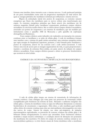formam uma interface eletro-interativa com o sistema nervoso. A rede perineural participa
de um passo intermediário numa série de progressivas transduções de sinal através das
quais as energias primárias dos meridianos terminam por influenciar o sistema nervoso.
Depois da estimulação inicial dos pontos de acupuntura, as correntes naturais
energéticas que fluem dos meridianos para os nervos sofrem uma transformação por
etapas. As correntes energéticas primárias que fluem através dos meridianos são de
natureza magnética fluindo pelos meridianos acupunturais, produzem campos elétricos
secundários no nível dos tecidos físicos. São os efeitos desses campos elétricos secundários,
associados aos pontos de acupuntura a aos sistemas de meridianos, que são medidos por
instrumentos como o aparelho AMI de Motoyama e pelo aparelho de exploração
eletrográfica de Dumitresco.
Esses campos elétricos assim induzidos são traduzidos em interações de correntes
contínuas entre os meridianos e as redes de células gliais. A rede de meridianos formam
uma interface com o sistema de grade etérico-axioatonal, uma estrutura energética-etérica
que capta energias de freqüências superiores, portanto, a rede formada pelos meridianos e
pontos de acupuntura, através de sua conexão com a rede etérico-axioatonal. A rede
oferece uma rota de acesso para as energias organizadoras da vida, os quais proporcionam e
mantém a coerência da estrutura físico-celular, em parte através da indução de campos
elétricos secundários. Esses campos elétricos passam a afetar os processos bioeletrônicos
que ocorrem no nível celular.
Diagrama 22
ENÉRGICA DA ACUPUNTURA E MODULAÇÃO NEUROENDÓCRINA

A rede de células gliais integra um sistema de transmissão de informações de
corrente contínua e base analógica que toma parte nos processos de restauração celular
exemplificados pelo fenômeno da corrente de lesão. Alterando o ambiente energético das
células gliais, o sistema de meridianos torna-se capaz de influenciar diretamente os sistemas
bioeletrônicos de crescimento e regeneração. Além disso, a rede meridiano-gual também
utiliza efeitos de corrente contínua para criar um microambiente eletromagnético em tomo
dos nervos do corpo. Através da criação, nos sítios pré-sinápticos, de induções
microenergéticas especializadas, os potenciais de corrente contínua das células gliais e de
Schwann afetam energeticamente os nervos que circundam. Esses fenômenos elétricos
modulam a reação neural à estimulação e à condução através de alterações nos potenciais
das membranas dos neurônios. Os efeitos do campo de corrente contínua somam-se aos
neuromodulares químicos e os dois fatores atuam de forma simultânea sobre a membrana

 