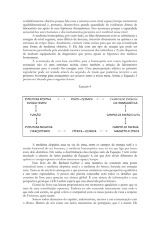 verdadeiramente objetiva porque lida com a natureza num nível espaço/tempo meramente
quadridimensional e, portanto, desenvolveu grande quantidade de evidências diretas de
laboratório em apoio às suas hipóteses fisioquímicas. Isso aconteceu porque a capacidade
sensorial dos seres humanos e dos instrumentos presentes só é confiável nesse nível.
A medicina homeopática, por outro lado, ao lidar diretamente com as substâncias e
energias do nível seguinte, mais difíceis de detectar, intervém diretamente na química e na
estrutura do corpo físico. Atualmente, existem várias razões para que ela seja considerada
uma forma de medicina objetiva: 1) Ela lida com um tipo de energia que pode ser
fortemente perturbada pela atividade mental e emocional dos indivíduos e 2) não dispomos
de nenhum equipamento de diagnóstico que possa apoiar as hipóteses dos médicos
homeopatas.
A construção de uma base científica para a homeopatia tem como ingredientes
essenciais não só uma estrutura teórica como também a criação de laboratórios
experimentais para o estudo das energias sutis. Uma pressuposição relativa ao primeiro
ingrediente pode ser testada através do segundo, de modo que podemos recorrer a um
processo bootstrap para avançarmos aos poucos rumo à nossa meta. Assim, a Equação 3
precisa ser alterada para a seguinte forma:
Equação 4

ESTRUTURA POSITIVA
ESPAÇO/TEMPO

FÍSICO – QUÍMICA

ELETROMAGNÉTICA

FUNÇÃO

ESTRUTURA NEGATIVA
ESPAÇO/TEMPO

CAMPOS DE ENERGIA

CAMPOS DE ENERGIA SUTIL

ETÉRICA – QUÍMICA

CAMPOS DE ENERGIA
MAGNETO-ELÉTRICA

A medicina alopática atua na via de cima, entre os campos de energia sutil e o
estado funcional do ser humano; a medicina homeopática atua na via que liga por baixo
esses dois domínios. Em suma, a discriminação das energias sutis da Equação 3 tem como
resultado o circuito de séries paralelas da Equação 4, em que dois níveis diferentes de
química e energia operam em duas estruturas espaço/tempo.
Este livro do Dr. Richard Gerber é uma tentativa de construir uma ponte
conceitual entre a medicina alopática atual e a medicina do futuro, baseada nas energias
sutis. Trata-se de um livro abrangente e que procura estabelecer uma perspectiva qualitativa
e um tanto especulativa. A pessoa não precisa concordar com todos os detalhes que
constam do livro para apreciar sua síntese global. É essa síntese de informações e essa
perspectiva geral que o Dr. Gerber espera que seja absorvida pelos leitores.
Gostei do livro; sua leitura proporcionou-me momentos agradáveis e penso que se
trata de uma contribuição oportuna. Embora eu não concorde inteiramente com tudo o
que nele está escrito, no geral o livro é compatível com os meus pontos de vista a respeito
do Universo, quais sejam:
Somos todos elementos do espírito, indestrutíveis, eternos e em comunicação com
o divino. Dentro de nós existe um único mecanismo de percepção, que é a mente. De

 