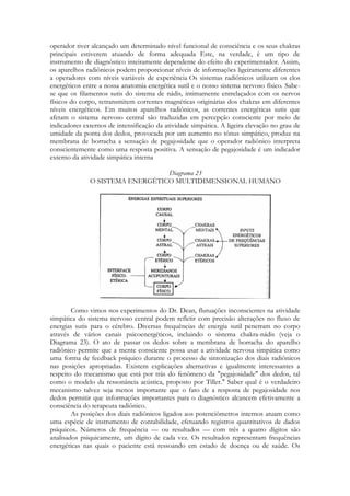 operador tiver alcançado um determinado nível funcional de consciência e os seus chakras
principais estiverem atuando de forma adequada Este, na verdade, é um tipo de
instrumento de diagnóstico inteiramente dependente do efeito do experimentador. Assim,
os aparelhos radiônicos podem proporcionar níveis de informações ligeiramente diferentes
a operadores com níveis variáveis de experiência Os sistemas radiônicos utilizam os elos
energéticos entre a nossa anatomia energética sutil e o nosso sistema nervoso físico. Sabese que os filamentos sutis do sistema de nádis, intimamente entrelaçados com os nervos
físicos do corpo, retransmitem correntes magnéticas originárias dos chakras em diferentes
níveis energéticos. Em muitos aparelhos radiônicos, as correntes energéticas sutis que
afetam o sistema nervoso central são traduzidas em percepção consciente por meio de
indicadores externos de intensificação da atividade simpática. A ligeira elevação no grau de
umidade da ponta dos dedos, provocada por um aumento no tônus simpático, produz na
membrana de borracha a sensação de pegajosidade que o operador radiônico interpreta
conscientemente como uma resposta positiva. A sensação de pegajosidade é um indicador
externo da atividade simpática interna
Diagrama 23
O SISTEMA ENERGÉTICO MULTIDIMENSIONAL HUMANO

Como vimos nos experimentos do Dr. Dean, flutuações inconscientes na atividade
simpática do sistema nervoso central podem refletir com precisão alterações no fluxo de
energias sutis para o cérebro. Diversas frequências de energia sutil penetram no corpo
através de vários canais psicoenergéticos, incluindo o sistema chakra-nádis (veja o
Diagrama 23). O ato de passar os dedos sobre a membrana de borracha do aparelho
radiônico permite que a mente consciente possa usar a atividade nervosa simpática como
uma forma de feedback psíquico durante o processo de sintonização dos diais radiônicos
nas posições apropriadas. Existem explicações alternativas e igualmente interessantes a
respeito do mecanismo que está por trás do fenômeno da "pegajosidade" dos dedos, tal
como o modelo da ressonância acústica, proposto por Tiller." Saber qual é o verdadeiro
mecanismo talvez seja menos importante que o fato de a resposta de pegajosidade nos
dedos permitir que informações importantes para o diagnóstico alcancem efetivamente a
consciência do terapeuta radiônico.
As posições dos diais radiônicos ligados aos potenciômetros internos atuam como
uma espécie de instrumento de contabilidade, efetuando registros quantitativos de dados
psíquicos. Números de frequência — ou resultados — com três a quatro dígitos são
analisados psiquicamente, um dígito de cada vez. Os resultados representam frequências
energéticas nas quais o paciente está ressoando em estado de doença ou de saúde. Os

 