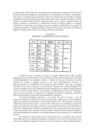 os instintos de sobrevivência. Estas poderiam ser consideradas as questões mais "terrenas"
do desenvolvimento espiritual, e que precisam ser corretamente resolvidas e dominadas a
fim de que a consciência possa ascender a níveis de concentração mais elevados. As forças
energéticas sutis processadas através desses dois centros são as energias kundalini e o fluxo
prânico de maneira geral. Embora o prana flua por todo o corpo, o segundo chakra ou
chakra esplénico é considerado o distribuidor central de energia prânica As energias
kundalini são, obviamente, as principais energias de criação, manifestação e construção da
consciência superior. A energia kundalini e o prana são forças que estão mais estreitamente
ligadas à interface físico-etérica e às energias etéricas de modo geral.
Diagrama 29
DINÂMICA ENERGÉTICA DOS CHAKRAS

Considera-se que o terceiro, o quarto e o quinto chakras (plexo solar, coração
garganta) estão mais relacionados com as questões de desenvolvimento pessoal e formação
da individualidade. Essas questões incluem a criação de um senso de poder de poder
pessoal em relação à própria pessoa e aos seus relacionamentos externos, o
desenvolvimento da modalidade mais elevada de amor (voltado tanto para o próprio
indivíduo como para os outros) e a comunicação e domínio da vontade (disciplina). No
sentido ascendente, esses três chakras processam energias que se originam respectivamente
níveis de vibração astral inferior, astral superior e mental inferior. Num nível fisiológico,
esses centros controlam os processos de digestão, purificação, circulação, respiração,
defesas imunológicas e preservação da integridade do organismo.
Os chakras principais superiores — os centros da testa e da coroa — são de
natureza basicamente espiritual. O centro da testa ajuda a direcionar as forças espirituais
superiores (aquelas que vão desde o nível mental superior até o nível causal e a ou níveis
vibracionais mais elevados) para o terceiro olho. O processo de assimilação energia sutil
através do chakra da testa ajuda a pessoa a tomar decisões intuitivas e enxergar além do
nível físico (clarividência). Conforme o próprio nome diz, o chakra da coroa é o centro que
ocupa uma posição mais elevada. O sétimo chakra é ativado de forma especial quando a
pessoa está praticando meditação ou está empenhada em buscar dentro de si o significado
da vida.
Na verdade, os três primeiros centros (chakra-raiz, sacro e do plexo solar) formam
uma tríade inferior com funções fisiológicas e de ligação com a terra. Os três centros mais
elevados (os chakras da garganta, da testa e da coroa) formam a tríade espiritual superior.

 
