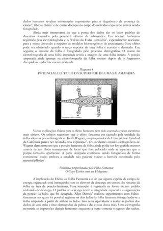 dedos humanos revelam informações importantes para o diagnóstico da presença de
câncer4, fibrose cística5 e de outras doenças no corpo do indivíduo cujo dedo estiver sendo
fotografado.
Ainda mais interessante do que a ponta dos dedos são os belos padrões de
desenhos formados pelo potencial elétrico da salamandra. Um notável fenômeno
registrado pela eletrofotografia é o "Efeito da Folha Fantasma", especialmente relevante
para a nossa discussão a respeito de modelos bioenergéticos de crescimento. Esse efeito
pode ser observado quando o terço superior de uma folha é cortado e desunido. Em
seguida, o restante da folha é fotografado pelo processo eletrográfico. O exame da
eletrofotografia de uma folha amputada revela a imagem de uma folha intacta. A porção
amputada ainda aparece na eletrofotografia da folha mesmo depois de o fragmento
decepado ter sido fisicamente destruída.
Diagrama 4
POTENCIAL ELÉTRICO DA SUPERFÍCIE DE UMA SALAMANDRA

Várias explicações físicas para o efeito fantasma têm sido aventadas pelos cientistas
mais céticos. Os críticos sugeriram que o efeito fantasma era causado pela umidade da
folha sobre as placas fotográficas. Keith Wagner, um pesquisador da Universidade Estadual
da Califórnia parece ter refutado essa explicação6. Os excelentes estudos eletrográficos de
Wagner demonstraram que a porção fantasma da folha ainda podia ser fotografada mesmo
através de um bloco transparente de lucite que fora colocado onde se esperava que a
porção-fantasma aparecesse. A parte decepada continuou sendo fotografada de forma
consistente, muito embora a umidade não pudesse vencer a barreira constituída pelo
material plástico7.
Evidências proporcionadas pela Folha Fantasma:
O Corpo Etérico como um Holograma
A implicação do Efeito da Folha Fantasma é o de que alguma espécie de campo de
energia organizado está interagindo com os elétrons da descarga em corona do restante da
folha na área da porção-fantasma. Essa interação é registrada na forma de um padrão
ordenado de descarga. O padrão de descarga retém a integridade espacial e a organização
da porção da folha que foi decepada. Allen Detrick8 realizou experimentos com folhasfantasmas nos quais foi possível registrar os dois lados da folha fantasma fotografando-se a
folha amputada a partir de ambos os lados. Isso seria equivalente a cortar as pontas dos
dedos de uma mão e tirar eletrografias da palma e das costas dessa mão. Uma eletrografia
mostraria as impressões digitais fantasmas enquanto a outra conteria o registro das unhas.

 