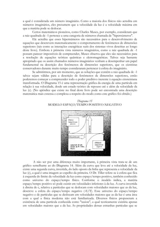 a qual é considerada um número imaginário. Como a maioria dos físicos não acredita em
números imaginários, eles presumem que a velocidade da luz é a velocidade máxima em
que a matéria pode se deslocar.
Certos matemáticos pioneiros, como Charles Muses, por exemplo, consideram que
a raiz quadrada de -1 pertence a uma categoria de números chamada de "hipernúmeros".
Ele acredita que esses hipernúmeros são necessários para o desenvolvimento de
equações que descrevem matematicamente o comportamento de fenômenos de dimensões
superiores (tais como as interações energéticas sutis dos sistemas vivos descritas ao longo
deste livro). Embora à primeira vista números imaginários, como a raiz quadrada de -1
possam parecer impossíveis de compreender, Muses observa que eles são necessários para
a resolução de equações teóricas quânticas e eletromagnéticas. Talvez seja bastante
apropriado que os assim chamados números imaginários venham a desempenhar um papel
fundamental na descrição dos fenômenos de dimensões superiores, que os cientistas
conservadores durante muito tempo consideraram pertencer à esfera do imaginário.
Se admitirmos, por um momento, que as soluções que contêm a raiz quadrada de -1
talvez sejam válidas para a descrição de fenômenos de dimensões superiores, então
poderemos começar a compreender todo o poder preditivo inerente à equação einsteiniana
transformada. O Diagrama 15 é uma representação gráfica da energia de uma partícula em
relação à sua velocidade, desde um estado teórico de repouso até e além da velocidade da
luz (c). (No apêndice que existe no final deste livro pode ser encontrada uma descrição
matemática mais extensa e complexa a respeito do modo como este gráfico foi obtido.)
Diagrama 15
MODELO ESPAÇO/TEMPO POSITIVO-NEGATIVO

A não ser por uma diferença muito importante, à primeira vista trata-se de um
gráfico semelhante ao do Diagrama 14. Além da curva que leva até a velocidade da luz,
existe uma segunda curva, invertida, do lado oposto da linha que representa a velocidade da
luz (c), a qual é uma imagem ao espelho da primeira. O Dr. Tiller refere-se à esfera que fica
à esquerda do limite da velocidade da luz como espaço/tempo positivo, também conhecido
como universo do espaço/tempo físico. Conforme o modelo indica, a matéria
espaço/tempo positivo só pode existir em velocidades inferiores à da luz. A curva invertida
à direita de c, relativa a partículas que se deslocam com velocidades maiores que as da luz,
descreve a esfera do espaço/tempo negativo (-E/T). Esse universo do espaço/tempo
negativo e de partículas que se deslocam em velocidades maiores que as da luz é uma área
com a qual a física moderna não está familiarizada. Diversos físicos propuseram a
existência de uma partícula conhecida como "taxion", a qual teoricamente existiria apenas
em velocidades maiores que a da luz. As propriedades dessas estranhas partículas que se

 
