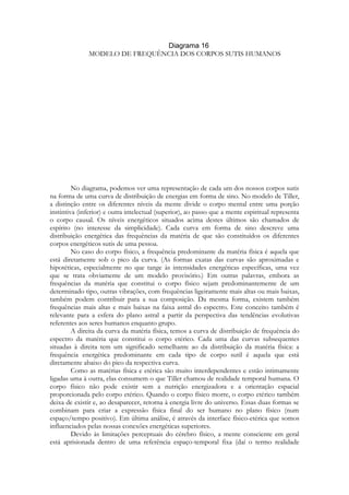 MODELO DE FREQUÊNCIA DOS CORPOS SUTIS HUMANOS

No diagrama, podemos ver uma representação de cada um dos nossos corpos sutis
na forma de uma curva de distribuição de energias em forma de sino. No modelo de Tiller,
a distinção entre os diferentes níveis da mente divide o corpo mental entre uma porção
instintiva (inferior) e outra intelectual (superior), ao passo que a mente espiritual representa
o corpo causal. Os níveis energéticos situados acima destes últimos são chamados de
espírito (no interesse da simplicidade). Cada curva em forma de sino descreve uma
distribuição energética das frequências da matéria de que são constituídos os diferentes
corpos energéticos sutis de uma pessoa.
No caso do corpo físico, a frequência predominante da matéria física é aquela que
está diretamente sob o pico da curva. (As formas exatas das curvas são aproximadas e
hipotéticas, especialmente no que tange às intensidades energéticas específicas, uma vez
que se trata obviamente de um modelo provisório.) Em outras palavras, embora as
frequências da matéria que constitui o corpo físico sejam predominantemente de um
determinado tipo, outras vibrações, com frequências ligeiramente mais altas ou mais baixas,
também podem contribuir para a sua composição. Da mesma forma, existem também
frequências mais altas e mais baixas na faixa astral do espectro. Este conceito também é
relevante para a esfera do plano astral a partir da perspectiva das tendências evolutivas
referentes aos seres humanos enquanto grupo.
A direita da curva da matéria física, temos a curva de distribuição de frequência do
espectro da matéria que constitui o corpo etérico. Cada uma das curvas subsequentes
situadas à direita tem um significado semelhante ao da distribuição da matéria física: a
frequência energética predominante em cada tipo de corpo sutil é aquela que está
diretamente abaixo do pico da respectiva curva.
Como as matérias física e etérica são muito interdependentes e estão intimamente
ligadas uma à outra, elas consumem o que Tiller chamou de realidade temporal humana. O
corpo físico não pode existir sem a nutrição energizadora e a orientação espacial
proporcionada pelo corpo etérico. Quando o corpo físico morre, o corpo etérico também
deixa de existir e, ao desaparecer, retorna à energia livre do universo. Essas duas formas se
combinam para criar a expressão física final do ser humano no plano físico (num
espaço/tempo positivo). Em última análise, é através da interface físico-etérica que somos
influenciados pelas nossas conexões energéticas superiores.
Devido às limitações perceptuais do cérebro físico, a mente consciente em geral
está aprisionada dentro de uma referência espaço-temporal fixa (daí o termo realidade

 