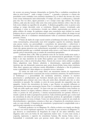 de ocorrer em pontos bastante distanciados na história Para a verdadeira consciência da
alma no nível causal
onde o tempo é eterno
o passado, o presente e o futuro são
percebidos como entidades com existência simultânea Lá, os ramos das árvores são vistos
como coisas intimamente inter-relacionadas. O tempo, tal como o conhecemos, é deixado
para trás. Em vez disso, alguns passaram a ver o tempo como algo esférico. No tempo
esférico, cada uma das nossas vidas seria vista como pontos distintos sobre a face de uma
bola como cidades na superfície de um globo. A distância geográfica entre os pontos seria
análoga ao tempo decorrido entre as existências. Quando estamos vivenciando cada
encarnação é como se estivéssemos vivendo nas cidades representadas por pontos no
globo esférico do tempo. Se pudermos atingir uma consciência mais cósmica ou causal,
podemos elevar o nosso ponto de observação e visualizar o globo esférico do tempo na sua
totalidade, além de vi vendarmos simultaneamente todas as existências distintas: passado,
presente e futuro.
O banco de dados do corpo causal contém as lembranças de todas as vidas em suas
várias reencarnações, armazenadas num nível energético superior de existência. Quando
uma pessoa morre, sua personalidade e consciência são preservadas e sobrevivem à
dissolução do veículo físico-etérico temporal. Nossos corpos energéticos sutis superiores
visam não apenas preservar esse conhecimento acumulado ao longo de muitas existências
mas também permitir que a entidade encarnada tenha acesso a esse banco de informações
quando estiver sintonizada com os estados de consciência apropriados.
Conforme disse o Dr. Tiller no primeiro texto de sua autoria citado nesta seção, o
corpo físico é um simulador da vida Trata-se de um instrumental de aprendizado. O corpo
físico é um traje transitório de tecido físico-químico que vestimos para experimentar e
interagir com a vida no nível do plano físico. Através dos nossos vários embates no plano
físico, adquirimos mais firmeza sabedoria e determinação, expressando qualidades
interiores que são demasiado numerosas para serem desenvolvidas numa única existência
Além disso, optamos por enfrentar muitas dificuldades e tribulações a fim de podermos
testar a capacidade de a alma adaptar-se a situações novas e incomuns.
Ao entrar em cada novo corpo físico, um mecanismo interno de esquecimento
apaga todo o conhecimento consciente das nossas existências anteriores. Se mantivéssemos
as lembranças e a personalidade das existências anteriores, teríamos os mesmos
preconceitos e predisposições que havíamos deixado para trás. Cada existência é uma
oportunidade para começar uma nova vida, por assim dizer, deixando para trás os erros
cometidos no passado. Na verdade, os erros do nosso passado são esquecidos mas não
apagados. Através dos mecanismos do karma, o que fizemos no passado influencia as
circunstâncias das nossas encarnações futuras. Este é o verdadeiro significado da expressão
"cada um colhe aquilo que semeia". Ao fazer com que nos encarnemos como homens ou
mulheres, brancos ou negros, indianos, chineses ou mexicanos, sentindo a vida a partir de
todos os pontos de vista possíveis, o sistema reencarnacionista nos permite observar o
mundo a partir de todas as perspectivas possíveis. Cada existência permite que a soma total
de consciência da alma tire proveito das experiências positivas de aprendizado à medida
que prosseguimos na nossa evolução. Como nos desenvolvemos a partir de um estado de
desconhecimento e ignorância, costuma-se dizer que a frequência da consciência torna-se
cada vez mais elevada. A frequência da consciência é proporcional à complexidade com a
qual ela pode responder ao seu ambiente.
Conforme podemos ver no Diagrama 18, a flecha evolutiva nos impele em direção
à direita e aos níveis espirituais superiores. Ao contrário do que acontece no Diagrama 17,
que descreve as características de frequência do corpo de um único indivíduo, neste
diagrama cada curva em forma de sino representa muitos seres. A curva mais escura, à
esquerda, representa o espectro da consciência humana. Da mesma forma como a
humanidade é constituída tanto por pessoas muito sábias como por outras muito

 