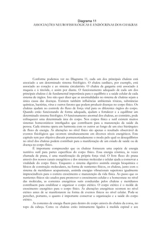 ASSOCIAÇÕES NEUROFISIOLÓGICAS E ENDÓCRINAS DOS CHAKRAS

Conforme podemos ver no Diagrama 11, cada um dos principais chakras está
associado a um determinado sistema fisiológico. O chakra cardíaco, por exemplo, está
associado ao coração e ao sistema circulatório. O chakra da garganta está associado à
traqueia e à tireóide, e assim por diante. O funcionamento adequado de cada um dos
principais chakras é de fundamental importância para o equilíbrio e a saúde celular de cada
sistema de órgãos. Isto não quer dizer que as anormalidades no sistema de chakras sejam a
única causa das doenças. Existem também influências ambientais tóxicas, substâncias
químicas, bactérias, vírus e outros fatores que podem produzir doenças no corpo físico. Os
chakras ajudam no controle do fluxo de força vital para os diferentes órgãos do corpo.
Quando estão funcionando de forma adequada, ajudam a fortalecer e a equilibrar um
determinado sistema fisiológico. O funcionamento anormal dos chakras, ao contrário, pode
enfraquecer uma determinada área do corpo. Nos corpos físico e sutil existem muitos
sistemas homeostáticos interligados que contribuem para a manutenção da saúde da
pessoa. Cada sistema opera em harmonia com os outros ao longo de um eixo hierárquico
de fluxo de energia. As alterações no nível físico são apenas o resultado observável de
eventos fisiológicos que ocorrem simultaneamente em diversos níveis energéticos. Este
capítulo tem por objetivo discutir pormenorizadamente o modo pelo qual os desequilíbrios
no nível dos chakras podem contribuir para a manifestação de um estado de saúde ou de
doença no corpo físico.
É importante compreender que os chakras fornecem uma espécie de energia
nutritiva sutil para partes específicas do corpo físico. Essa energia cósmica, às vezes
chamada de prana, é uma manifestação da própria força vital. O livre fluxo do prana
através dos nossos canais energéticos e dos sistemas molecular e celular ajuda a conservar a
vitalidade do corpo físico. Enquanto o sistema digestivo assimila energia bioquímica e
blocos de construção moleculares, na forma de nutrientes físicos, os chakras, junto com o
sistema de meridianos acupunturais, assimila energias vibracionais superiores igualmente
imprescindíveis para o correto crescimento e manutenção da vida física. Ao passo que os
nutrientes físicos são usados para promover o crescimento celular e a homeostase no nível
das moléculas, as correntes energéticas sutis conduzidas pelos chakras e meridianos
contribuem para estabilizar e organizar o corpo etérico. O corpo etérico é o molde de
crescimento energético para o corpo físico. As alterações energéticas ocorrem no nível
etérico antes de se manifestarem na forma de eventos físicos no nível celular. Pode-se
perceber, portanto, o quanto é importante conservar a organização e a saúde do corpo
etérico.
As correntes de energia fluem para dentro do corpo através do chakra da coroa, no
topo da cabeça. Como os chakras estão intimamente ligados à medula espinal e aos

 