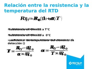 Relación entre la resistencia y la
temperatura del RTD
��= �� (� +� � )
Resistencia en Ohmios a T°C
Resistencia en Ohmios a 0°C
coeficiente de temperatura del elemento de
detección ()
�=
�� − ��
� × ��
�=
�� − ��
� × ��
 