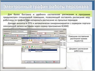 Для более быстрого и удобного составления расписания в программе
предусмотрен специальный помощник, позволяющий составлять расписание мед.
работника по графику или копировать расписание из прошлых периодов
    Данные вносятся в ЛПУ и автоматически синхронизируются с сервером портала
электронной записи на прием через сервер приложения КСАМУ.



                                                         Помощник составления
                                                          расписания приема
                                                              пациентов



                                                          Документ расписания
                                                               работника
 