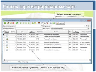 Гибкие возможности поиска




Список пациентов с указанием Статуса, льгот, полисов и т.д.
 