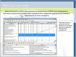 Для исключения ошибок при заполнении документов в КСАМУ есть возможность
выставить ограничения на диагнозы определенных профилей медицинской помощи в
                          зависимости от пола и возраста.


                                                               Например пациенту
                                                               мужского пола не
                                                               может быть поставлен
                                                               диагноз в отделении
                                                               Акушерства и
                                                               гинекологии
 