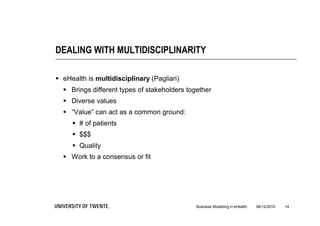 DEALING WITH MULTIDISCIPLINARITY

 eHealth is multidisciplinary (Pagliari)
   Brings different types of stakeholders together
   Diverse values
   “Value” can act as a common ground:
      # of patients
      $$$
      Quality
   Work to a consensus or fit




                                              Business Modelling in eHealth   06/12/2010   14
 