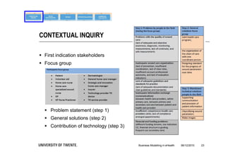 CONTEXTUAL INQUIRY

 First indication stakeholders
 Focus group




   Problem statement (step 1)
   General solutions (step 2)
   Contribution of technology (step 3)


                                          Business Modelling in eHealth   06/12/2010   23
 