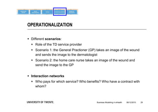 OPERATIONALIZATION

 Different scenarios:
   Role of the TD service provider
   Scenario 1: the General Practioner (GP) takes an image of the wound
    and sends the image to the dermatologist
   Scenario 2: the home care nurse takes an image of the wound and
    send the image to the GP


 Interaction networks
   Who pays for which service? Who benefits? Who have a contract with
    whom?



                                           Business Modelling in eHealth   06/12/2010   29
 