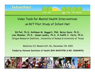 Video Tools for Mental Health Interventions:
            an RCT Pilot Study of Infant-Net

   Ed Feil, Ph.D, Kathleen M. Baggett, PhD, Betsy Davis, Ph.D.,
Lisa Sheeber, Ph.D., Susan Landry, Ph.D. & Judith J. Carta, Ph.D.
Oregon Research Institute , University of Kansas & University of Texas


          Medicine 2.0, Maastricht, NL, November 29, 2010

Funded by National Institutes of Health (R34 MH073756 & R01 HD064870)



                 For more information: edf@ori.org

                                                                         1
 