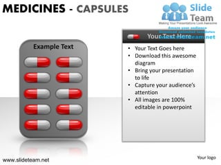 MEDICINES - CAPSULES

                                 Your Text Here
           Example Text   • Your Text Goes here
                          • Download this awesome
                            diagram
                          • Bring your presentation
                            to life
                          • Capture your audience’s
                            attention
                          • All images are 100%
                            editable in powerpoint




                                                      Your logo
www.slideteam.net
 