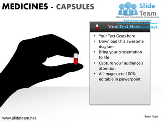 MEDICINES - CAPSULES

                           Your Text Here
                    • Your Text Goes here
                    • Download this awesome
                      diagram
                    • Bring your presentation
                      to life
                    • Capture your audience’s
                      attention
                    • All images are 100%
                      editable in powerpoint




                                                Your logo
www.slideteam.net
 