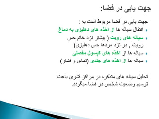 ‫به‬ ‫است‬ ‫مربوط‬ ‫فضا‬ ‫در‬ ‫یابی‬ ‫جهت‬
:

‫ها‬ ‫سیاله‬ ‫انتقال‬
‫دماغ‬ ‫به‬ ‫دهلیزی‬ ‫های‬ ‫اخذه‬ ‫از‬

‫رویت‬ ‫های‬ ‫سیاله‬
(
‫حس‬ ‫خانم‬ ‫نزد‬ ‫بیشتر‬
‫رویت‬
,
‫دهلیزی‬ ‫حس‬ ‫مردها‬ ‫نزد‬ ‫در‬
)

‫از‬ ‫ها‬ ‫سیاله‬
‫مفصلی‬ ‫کپسول‬ ‫های‬ ‫اخذه‬

‫ها‬ ‫سیاله‬
‫جلدی‬ ‫های‬ ‫اخذه‬ ‫از‬
(
‫فشار‬ ‫و‬ ‫تماس‬
)
‫باعث‬ ‫قشری‬ ‫مراکز‬ ‫در‬ ‫متذکره‬ ‫های‬ ‫سیاله‬ ‫تحلیل‬
‫میگردد‬ ‫فضا‬ ‫در‬ ‫شخص‬ ‫وضعیت‬ ‫ترسیم‬
.
 