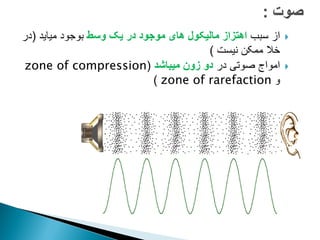 
‫سبب‬ ‫از‬
‫وسط‬ ‫یک‬ ‫در‬ ‫موجود‬ ‫های‬ ‫مالیکول‬ ‫اهتزاز‬
‫میاید‬ ‫بوجود‬
(
‫در‬
‫نیست‬ ‫ممکن‬ ‫خال‬
)

‫در‬ ‫صوتی‬ ‫امواج‬
‫میباشد‬ ‫زون‬ ‫دو‬
(
zone of compression
‫و‬
zone of rarefaction
)
 