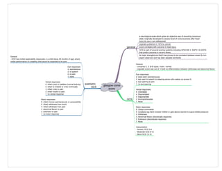 glasgow coma
score
GCS
general
a neurological scale which gives an objective way of recording conscious
state; originally developed to assess level of consciousness after head
injury its use is now widespread
originally published in 1974 by Jennet
score correlates with outcome in head injury
GCS is part of several scoring systems including APACHE II, SAPS II & SOFA
that predict outcome in severe illness
General:
- comprise E, V & M (eyes, motor, verbal)
- originally score was out of 14 with no differentiation between withdrawal and abnormal flexion
Eye responses:
4. eyes open spontaneously
3. eye open to speech (a sleeping person who wakes up scores 4)
2. eye opening to pain
1. no eye opening
Verbal responses:
5. Orientated
4. Disorientated
3. Inappropriate
2. Incomprehensible
1. None
Motor responses:
6. Obeys commands
5. Localises (eg hand crosses midline or gets above clavicle to supra-orbital pressure)
4. Withdraws
3. Abnormal flexion (decorticate response)
2. Extension (decerebrate response)
1. None
Interpretation:
- Severe, GCS 3-8
- Moderate GCS 9-12
- Minor GCS 13-15
paediatric
GCS
General:
- GCS has limited applicability (especially in a child below 36 months of age) where
verbal performance of a healthy child would be expected to be poor
Eye responses:
4. spontaneous
3. to speech
2. to pain
1. none
Verbal responses:
5. infant coos or babbles (normal activity)
4. infant is irritable or cries continually
3. infant cries to pain
2. infant moans to pain
1. no verbal response
Motor responses:
6. infant moves spontaneously or purposefully
5. infant withdraws from touch
4. infant withdraws from pain
3. abnormal flexion to pain
2. extension to pain
1. no motor response
its major strengths are that it has proved to be consistent between expert & non-
expert observers and has been adopted worldwide
 