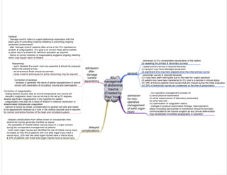 ICU
management
of abdominal
trauma
[Created by
Paul Young
28/10/07]
general
- admission to ICU necessitates reevaluation of the patient
by repeating the primary & secondary surveys
- repeat primary survey is required because:
(i) transport may have dislodged equipment
(ii) significant time may have elapsed since the initial primary survey
- secondary survey is required because:
(i) it may have been interrupted due to the need for urgent operation
(ii) patient may have been transferred to ICU due to a decline in clinical status
(iii) 10% of trauma patients have injuries that are missed during the initial evaluation
(iv) 25% of abdominal injuries are undetected at the time of presentation
admission
after
damage
control
laparotomy
General:
- 'damage control' refers to urgent abdominal exploration with the
basic goal of controlling massive bleeding & preventing ongoing
peritoneal contamination
- after 'damage control' patients often arrive in the ICU hypothermic,
acidotic & coagulopathic. ICU goal is to correct these abnormalities
to allow return to theatre for definitive operation as required
- failure to correct acidosis of coagulopathy suggests ongoing bleeding
which may require return to theatre
Rewarming:
- warm blankets & a warm room are essential & should be prepared
before the patient arrives
- all intravenous fluids should be warmed
- rarely invasive techniques for active rewarming may be required
Correction of acidosis:
- acidosis is generally the result of global hypoperfusion & should
correct with restoration of circulatory volume and haemoglobin
Correction of coagulopathy:
- clotting factors function best at normal temperature and normal pH
- standard coagulation tests may be normal in the lab at 37 degrees
despite significant coagulopathy in the hypothermic patient
- coagulopathy may also be a result of dilution in massive transfusion or
disseminated intravascular coagulation
- calcium is bound by citrate, a preservative in packed red cells and needs
to be aggressively replaced as it acts in the clotting cascade and is required
for normal contractive function of the heart and circulatory system
delayed
complications
- delayed complications from either known or unsuspected intra-
abdominal injuries generally manifest as sepsis
- the possibility of missed hollow viscous injury is a major concern
during the nonoperative management of patients
- when solid organ injuries are identified the risk of hollow viscus injury
increases so that 6% of patients with one solid organ injury have a
viscus injury, 22% with two solid organ injuries have a viscus injury
& 33% of patients with three solid organ injuries have a viscus injury
admission
for non-
operative
management
of solid organ
injury
- non-operative management consists of:
(i) serial physical examination
(ii) serial measurement of laboratory parameters
(iii) strict bed rest
(iv) optimisation of coagulation status
- changes in physical examination findings, haemodynamic
status (including tachycardia) or transfusion should be promptly
communicated to the trauma surgeon as any clinical deterioration
may necessitate immediate angiography or operation
 