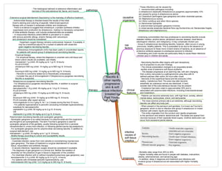 necrotising
fasciitis &
other rapidly
progressive
skin & soft
tissue infections
[created by
Paul Young;
03/10/07]
causative
organisms
risk
factors
- Underlying comorbidities that may predispose to necrotizing fasciitis include
diabetes mellitus, alcohol abuse, peripheral vascular disease, renal failure,
odontogenic infection, and malignancy; it may complicate chicken pox.
- Group A streptococcal necrotizing fasciitis, however, often occurs in young,
previously healthy patients. This is postulated to be due to the absence of
previous exposure to these more virulent strains of bacteria, as an absence of
protective antibody appears to predispose persons to infection
- Penetrating and crush injuries are particularly likely to cause these infections
(chicken pox) in children and adults.
prognosis
- Mortality rates range from 20% to 40%.
- Higher mortality rates are found in people with diabetes, malnutrition,
obesity, arteriosclerosis, and advancing age.
- In addition, delay in diagnosis and treatment and infections with
invasive group A streptococcus are associated with higher mortality
rates.
clinical
features
- Necrotizing fasciitis often begins with pain deceptively
out of proportion to any skin findings.
- The clinical presentation changes to an exquisitely tender,
swollen area of extensive soft tissue erythema
- The disease progresses at an alarming rate, with skin changing
from a shiny red-purple to a pathognomonic gray-blue with ill-
defined patches often within 36 hours after onset.
- Necrosis of the superficial fascia and fat produces a thin,
watery, malodorous fluid. The area may later become
anesthetic as cutaneous nerves are destroyed. A hard,
wooden feel of the subcutaneous tissues may be present.
- Crepitance has been noted in approximately 30% and is
associated with polymicrobial infections, including Enterobacteriaceae
and Clostridium.
- Patients can become extremely toxic, with high fever, anxiety, altered
mental status, leukocytosis, shock, and tachycardia.
- The most common primary site is an extremity, although necrotizing
fasciitis can affect any body part.
- When present in the perineum and genitalia, it is known as Fournier's
gangrene, which is due to infection with group A streptococci or mixed
infection with enteric bacilli and anaerobes.
- This entity originates from the scrotum and rapidly progresses
to the perineum and anterior abdominal wall. The testes are spared from
necrosis because of their separate blood supply. Urethral obstruction can
occur from excessive penile edema.
pathology
- The histological hallmark is extensive inflammation and
necrosis of the subcutaneous fat, fascia, and muscle.
therapy
- Extensive surgical debridement (fasciotomy) is the mainstay of effective treatment.
- Antimicrobial therapy is directed toward the results of the initial
Gram's staining and culturing of aspirate. Initial broad-spectrum
therapy with a b-lactam/ b lactamase inhibitor and clindamycin
- There is evidence to suggest that clindamycin, a protein synthesis inhibitor,
suppresses toxin production by streptococci, making it a necessary component
of initial antibiotic therapy, until cultures andsensitivities are available.
- In nosocomial infections where MRSA is prevalent or in cases
with serious penicillin allergy, empiric therapy with vancomycin
and clindamycin would be considered.
- Hyperbaric oxygen therapy remains controversial; however, if available, it
may be a beneficial adjunct for a subset of patients with anaerobic
gram-negative necrotizing fasciitis.
- Intravenous immunoglobulin (IvIG) has been useful in uncontrolled reports
for patients with severe group A streptococcal necrotizing fasciitis.
infective
causes of
soft tissue
crepitus
- These infections can be caused by:
1. monomicrobial pathogens including:
(i) streptococci especially Streptococcus pyogenes (approximately 10%
are caused by group A streptococcus alone)
(ii) Clostridium perfringens (gas gangrene) and other clostridial species,
(iii) Staphylococcus aureus,
(iv) Vibrio vulnificus and other Vibrio species,
(v) Aeromonas hydrophila
2. polymicrobial synergistic gangrene involves:
(i) mixed aerobe-anaerobe bacterial flora (eg Escherichia coli, Bacteroides fragilis,
streptococci and staphylococci).
Empirical therapy
- For empirical therapy, where the diagnosis is uncertain and until tissue and
blood culture results are available, use initially:
meropenem 1 g (child: 25 mg/kg up to 1 g) IV, 8-hourly
PLUS EITHER
clindamycin 600 mg (child: 15 mg/kg up to 600 mg) IV, 8-hourly
OR
lincomycin 600 mg (child: 15 mg/kg up to 600 mg) IV, 8-hourly.
- Penicillin is commonly added but is theoretically unnecessary.
- Consider the use of immunoglobulin if Streptococcus pyogenes necrotising
fasciitis is suspected.
Streptococcus pyogenes necrotising fasciitis
- For Streptococcus pyogenes necrotising fasciitis, in addition to surgical
debridement, use:
benzylpenicillin 1.8 g (child: 45 mg/kg up to 1.8 g) IV, 4-hourly
PLUS EITHER
clindamycin 600 mg (child: 15 mg/kg up to 600 mg) IV, 8-hourly
OR
lincomycin 600 mg (child: 15 mg/kg up to 600 mg) IV, 8-hourly
PLUS (consider after expert advice)
immunoglobulin 0.4 to 2 g/kg IV, for 1 or 2 doses during the first 72 hours.
- For patients hypersensitive to penicillin (excluding immediate hypersensitivity),
substitute for benzylpenicillin:
cephalothin 2 g (child: 50 mg/kg up to 2 g) IV, 6-hourly
OR
cephazolin 2 g (child: 50 mg/kg up to 2 g) IV, 8-hourly.
Polymicrobial necrotising fasciitis and synergistic gangrene
- Synergistic gangrene is so-called because it is polymicrobial and the organisms
are thought to act synergistically. The term Fournier’s gangrene is used for
synergistic gangrene of the genitalia, usually following spread from a perianal,
retroperitoneal or urinary tract infection, or following genital trauma (eg postpartum).
- For synergistic gangrene and for polymicrobial necrotising fasciitis, in addition to
surgical debridement, use:
meropenem 1 g (child: 25 mg/kg up to 1 g) IV, 8-hourly.
- Modify therapy according to culture and susceptibility results.
Clostridial infection
- Clostridial infection varies from mild cellulitis to overwhelming myonecrosis
(gas gangrene). The basis of treatment is surgical debridement of necrotic
tissue, resuscitation and antibiotic therapy.
- In severe infections, hyperbaric oxygen should be considered if available.
- The diagnosis of gas gangrene is a clinical one. Neither the isolation of
clostridia nor the presence of gas in tissue is diagnostic of the condition.
- For clostridial infection with or without myositis/myonecrosis (gas gangrene), use:
benzylpenicillin 2.4 g (child: 60 mg/kg up to 2.4 g) IV, 4-hourly.
- For patients with immediate penicillin hypersensitivity, use:
metronidazole 500 mg (child: 12.5 mg/kg up to 500 mg) IV, 8-hourly.
 