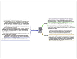 antibiotic
allergy
[created
by Paul
Young
06/01/08]
general
- Antibiotic hypersensitivity is common, and most frequently involves beta lactams.
- Some instances of ‘pseudo-allergy’ (eg anaphylactoid responses to vancomycin
infusions such as ‘red-man syndrome’) involve direct release of vasoactive mediators
by non-IgE mechanisms. While not truly allergic, these latter responses may be ameliorated
by preventive antihistamines, in combination with slowing of the infusion rate.
- Drug allergy is more commonly seen with certain infections, particularly with HIV and
Epstein-Barr virus infections, and allergic reactions are more likely to be severe in individuals
receiving beta-blocker therapy.
- While many nonspecific reactions are labelled as ‘allergic’, true type I (IgE-mediated)
antibiotic hypersensitivity is strongly suggested by the development of urticaria,
angioedema, bronchospasm, or anaphylaxis (with objectively demonstrated hypotension,
hypoxia or tryptase elevation) within one hour of drug administration.
diagnosis
- Antibiotic hypersensitivity is usually diagnosed on the basis of clinical history,
with oral challenging judiciously employed where skin tests (if performed) are
negative, or in circumstances where alternative drugs are clearly inferior.
- In these cases, the degree of suspicion surrounding possible life-threatening
reactivity will dictate whether a desensitisation protocol is preferable to oral challenge.
- The confirmation of antibiotic hypersensitivity is difficult, as no currently available
skin or blood test offers 100% negative predictive value for drug allergy.
- Due to changing availability of penicillin skin test reagent mixes, skin testing has a
significant false negative rate (3% to 20%) even in the setting of true penicillin allergy.
- In cases of suspected drug allergy, elevation of mast cell tryptase measured on a
serum sample collected between 1 and 6 hours after a clinical reaction is highly
specific for an episode of mast cell degranulation.
penicillin
hypersensitivity
- Between 1% and 10% of beta-lactam courses result in manifestations interpreted
as due to hypersensitivity.
- Most reactions are late, non-IgE mediated and involve skin rash.
- Other later manifestations include fever, haemolysis and serum sickness-like reactions.
- The minority of reactions are immediate hypersensitivity reactions. Anaphylactic
responses to penicillin occur approximately once every 10 000 courses administered,
with 10% of these reactions being fatal, most often associated with parenteral rather
than oral administration.
- Most of these reactions occur in people without a history of prior penicillin allergy.
- Notwithstanding this, a detailed history of penicillin reaction should always be sought
before a course of penicillin is commenced.
- Late manifestations are only a relative contraindication. Rashes, especially with
amoxy/ampicillin, are much less predictive of future reactions and repeat exposure to
beta-lactam drugs is not necessarily contraindicated.
- A history of an immediate hypersensitivity reaction (urticaria, angioedema, bronchospasm,
or anaphylaxis within one hour of drug administration) or other life-threatening reactions
(eg Stevens-Johnson syndrome) contraindicates further exposure to penicillin and other
beta lactams apart from aztreonam.
- Between 3% and 10% of patients hypersensitive to penicillin exhibit cross-reactivity with
cephalosporins and carbapenems.
- A patient with a known beta-lactam hypersensitivity should be encouraged to wear an alert
bracelet or necklace containing this information.
- In the unusual circumstance that it is necessary to use a penicillin, expert advice should be
sought on desensitisation, or a test dose of penicillin should be given under controlled conditions
to reduce the risk in this situation.
 