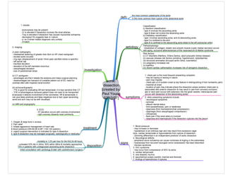 aortic
dissection
[created by
Paul Young
02/10/07]
defn
the most common catastrophe of the aorta
symptoms
signs
1. chest pain is the most frequent presenting complaint:
- may be ripping or tearing in nature
- pain may migrate
- chest pain is of sudden onset (a key feature in distinguishing it from ischaemic pain)
- maximal at onset
- location of pain may indicate where the dissection arises (anterior chest pain is
associated with anterior dissection & may result in part from coronary occlusion;
jaw or neck pain occurs with extension into the great vessels; interscapular pain
occurs with dissection of the descending aorta)
1. Blood pressure:
- may increase or decrease
- hypotension is an ominous sign and may result from excessive vagal
tone, cardiac tamponade or hypovolaemia from rupture of dissection
- 20mmHg differential in an independent predictor of aortic dissection
2. Neurological deficits:
- peripheral nerve ischaemia can cause numbness & tingling in the extremities
- hoarseness from recurrent laryngeal nerve compression has been described
- Horners syndrome
3. SVC syndrome
- may occur from compression of SVC by aorta
4. cardiac tamponade
5. new diastolic murmur
6. assymetrical pulses (carotid, brachial and femoral)
7. findings of haemothorax if ruptures
investigation
1. bloods:
- leukocytosis may be present
- Cr is elevated if dissection involves the renal arteries
- Trop is elevated if dissection has caused myocardial ischaemia
- decreased Hb suggests leak or rupture
- a -ve D-dimer makes diagnosis very unlikely
- X-match
treatment
1. Oxygen & large bore iv access
2. Pain relief
3. Initiate aggressive management of heart rate
& blood pressure (HR<60-80 & BP <100-120 systolic)
4. urgent surgical intervention is indicated for type A dissection
5. type B dissection may be managed surgically, radiologically or medically
disposition
- untreated 33% die in 24hrs, 50% within 48hrs & mortality approaches
75% in patients with undiagnosed ascending aortic dissection
2-3Xs more common than rupture of the abdominal aorta
aetiology
Classification:
(i) Stanford classification:
- type A involves the ascending aorta
- type B does not involve the ascending aorta
(ii) DeBakey classification
- type I involves ascending aorta, arch & descending aorta
- type II is confined to the arch
- type III is confined to the descending aorta distal to the left subclavian artery
Pathophysiology:
- breakdown of collagen, elastin and smooth muscle (cystic medial necrosis) occurs
with aging, occlusive atherosclerosis of the vasavasorum & Marfan syndrome
Risk factors:
(i) CT disorders (Marfans, Ehlers-Danlos, adult polycystic kidney disease)
(ii) vascular disease risk factors (smoking, hypertension, dylipidaemia)
(iii) structural anomalies (bicuspid aortic valve, coarctation)
(iv) pregnancy increases risk
(v) syphillus
(vi) recent cardiac catherisation increases risk of iatrogenic dissection
2. other presenting symptoms include:
- neurological symptoms
- syncope
- altered mental status
- limb paraesthesias, pain or weakness
- dyspnoea (from tracheobronchial compression)
- dysphagia (from oesophageal compression)
- orthopnoea
- flank pain if the renal artery is involved
- dyspnoea and haemoptusis if the dissection ruptures into the pleura
2. imaging:
(i) plain radiography
- mediastinal widening of greater than 8cm on AP chest radiograph
- blunted aortic knuckle
- ring sign (displacement of aorta >5mm past calcified intima is specific)
- left apical cap
- tracheal deviation
- deviation of the left mainstem bronchus
- oesophageal deviation
- loss of paratracheal stripe
(ii) CT aortogram
- advantages are that it details the anatomy and helps surgical planning
- disadvantages are transport of unstable patient out of ED, need for
contrast often with impaired renal function
(iii) echocardiography
- TTE is good for evaluating AR and tamponade; it is less senstive than CT
- TOE is advantageous because patient does not need to be transported
& because it detects involvement of the coronaries, AR & tamponade; it
can give false positives and false negatives due to fact upper ascending
aorta and arch may not be well visualised
(iv) MRI and angiography
3. ECG:
- ST elevation occurs with coronary involvement
- right coronary dissects most commonly
- mortality is 1-2% per hour for the first 24-48 hours
initial consultation with cardiology & later with cardiothoracic surgeon
 
