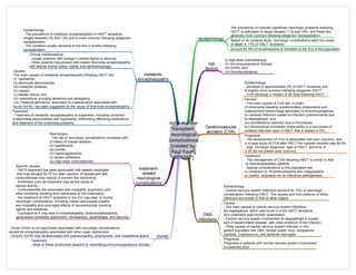 bone marrow
transplant:
neurological
complications
[created by
Paul Young
02/10/07]
epidemiology
The prevalence of clinically significant neurologic problems following
HSCT is estimated to range between 11% and 18%, and these are
generally more common following allogeneic transplantation
Based on an autopsy study, neurologic complications were the cause
of death in 17% of HSCT recipients
risk
factors
(i) high-dose chemotherapy,
(ii) immunosuppressive therapy,
(iii) GVHD, and
(iv) thrombocytopenia
account for 6% of all admissions or transfers to the ICU in this population
Cerebrovascular
accident (CVA)
Epidemiology:
- develops in approximately 3% of HSCT recipients and
is slightly more common following allogeneic HSCT
- CVA develops a median of 28 days following HSCT
Causes:
- The main causes of CVA are, in order:
(i) intracranial bleeding (predominately intracerebral and
subarachnoid hemorrhage secondary to thrombocytopenia),
(ii) cerebral infarction related to infection (predominantly due
to aspergillosis), and
(iii) noninfectious infarction due to thrombosis
(iv) Nonbacterial thrombotic endocarditis is a rare cause of
cerebral infarction seen in HSCT that is related to DIC.
Prognosis:
- The development of CVA is associated with poor outcome, and
in a large study of CVA after HSCT the hospital mortality was 69.4%.
- Age, oncologic diagnosis, type of HSCT, and time of
CVA did not predict poor outcome.
Treatment:
- The management of CVA following HSCT is similar to that
of nontransplantation patients.
- Special considerations in this population are:
(i) correction of thrombocytopenia and coagulopathy,
(ii) careful evaluation for an infectious pathogenesis.
CNS
infections
Epidemiology
- Central nervous system infections account for 10% of neurologic
complications following HSCT. The causes and time patterns of these
infections are similar to that of other organs
Causes:
- The main causes of central nervous system infections
are aspergillosis, which was found in 4.4% HSCT recipients
who underwent post mortem examination
- Central nervous system involvement by aspergillosis is usually
part of disseminated disease, with other evidence of the infection.
- Other causes of central nervous system infection in this
patient population are CMV, herpes zoster virus, toxoplasma,
Candida, Cryptococcus, and bacterial meningitis
Prognosis:
Prognosis of patients with central nervous system involvement
is extremely poor.
metabolic
encephalopathy
Epidemiology
- The prevalence of metabolic encephalopathy in HSCT recipients
ranges between 3% and 13% and is more common following allogeneic
transplantation.
- The condition usually develops in the first 2 months following
transplantation.
Clinical manifestations:
- usually presents with change in mental status or seizures.
- Other patients may present with classic Wernicke encephalopathy,
with altered mental status, ataxia, and ophthalmoplegia.
Causes:
The main causes of metabolic encephalopathy following HSCT are:
(i) hypoxemia,
(ii) electrolyte abnormalities,
(iii) metabolic acidosis,
(iv) sepsis,
(v) hepatic failure, and
(vi) medications including sedatives and analgesics.
(vii) Thiamine deficiency, secondary to malabsorption associated with
acute GVHD, has been suggested as the cause of Wernicke encephalopathy.
Treatment:
- Treatment of metabolic encephalopathy is supportive, including correction
of electrolyte abnormalities and hypoxemia, withholding offending medications,
and treatment of the underlying problems.
treatment-
related
neurological
complications
Risk factors:
- The risk of neurologic complications increases with:
(i) history of cranial radiation,
(ii) hypertension,
(iii) uremia,
(iv) hypomagnesemia,
(v) lactam antibiotics,
(vi) high-dose corticosteroids
Specific causes:
- OKT3 treatment has been associated with aseptic meningitis
that may develop 24-72 hrs after injection. [Pretreatment with
corticosteroids may reduce or prevent this syndrome].
- Antibiotics such as imipenem may be the cause of
seizure activity.
- Corticosteroids are associated with myopathy, psychosis, and
other problems resulting from withdrawal of this medication.
- the treatment of HSCT recipients in the ICU may lead to further
neurologic complications, including critical care polyneuropathy
and myopathy and prolonged effects of neuromuscular blocking
agents and sedatives.
- Cyclosporine A may lead to encephalopathy, leukoencephalopathy,
generalised cerebellar dysfunction, hemiparesis, quadriplegia, and seizures
GVHD
- Acute GVHD is not specifically associated with neurologic complications,
except for encephalopathy associated with other organ dysfunction.
- Chronic GVHD may be associated with polyneuropathy, polymyositis, and myasthenia gravis.
Treatment:
- Most of these syndromes respond to intensifying immunosuppressive therapy
 