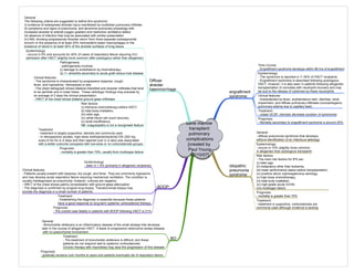 bone marrow
transplant:
pulmonary
complications
[created by
Paul Young
02/10/07]
engraftment
syndrome:
Time Course
- Engraftment syndrome develops within 96 hrs of engraftment
Epidemiology
- The syndrome is reported in 7–35% of HSCT recipients
- Engraftment syndrome is described following autologous
HSCT; however, it is also seen in patients following allogeneic
transplantation (it coincides with neutrophil recovery and may
be due to the release of cytokines by these neutrophils
Clinical features
- characterized by fever, erythematous rash, diarrhea, renal
impairment, and diffuse pulmonary infiltrates (noncardiogenic
pulmonary edema due to capillary leak)
Treatment:
- cease GCSF; steroids decrease duration of syndromes
Prognosis:
- Mortality secondary to engraftment syndrome is around 25%:
Diffuse
alveolar
haemmorrhage
Prognosis:
- mortality is greater than 70%; usually from multiorgan failure
General:
The following criteria are suggested to define this syndrome:
(i) evidence of widespread alveolar injury manifested by multilobar pulmonary infiltrate,
(ii) symptoms and signs of pneumonia, and abnormal pulmonary physiology with
increased alveolar to arterial oxygen gradient and restrictive ventilatory defect
(iii) absence of infection that may be associated with similar presentation
(iv) BAL showing progressively bloodier return from three separate subsegmental
bronchi or the presence of at least 20% hemosiderin-laden macrophages or the
presence of blood in at least 30% of the alveolar surfaces of lung tissue
Pathogenesis:
- pathogenesis involves:
(i) damage to endothelium by chemotherapy
(ii) +/- alveolitis secondary to acute graft versus host disease
Risk factors:
(i) intensive chemotherapy before HSCT,
(ii) total body irradiation,
(iii) older age,
(iv) white blood cell count recovery,
(v) renal insufficiency
NB: coagulopathy is not a recognised feature
Treatment:
- treatment is largely supportive; steroids are commonly used.
- In retrospective studies, high-dose methylprednisolone(125–250 mg
every 6 hrs for 4–5 days and then tapered over 2–4 wks) was associated
with a better outcome compared with low-dose or no corticosteroids groups.
Clinical features:
- The syndrome is characterised by progressive dyspnea, cough,
fever, and hypoxemia. Hemoptysis is rare.
- The chest radiograph shows bilateral interstitial and alveolar infiltrates that tend
to be perihilar and in lower lobes. These radiologic findings may precede by
an average of 3 days the clinical presentation.
- HRCT of the chest shows bilateral ground glass infiltrates
Epidemiology
- occurs in 5% and accounts for 40% of cases of respiratory failure requiring ICU
admission after HSCT (slightly more common after autologous rather than allogeneic)
idiopathic
pneumonia
syndrome:
General:
- diffuse pneumonia syndrome that develops
without identification of an infectious aetiology
Epidemiology:
- occurs in 10% (slightly more common
in allogeneic than autologous transplant)
Risk factors:
- The main risk factors for IPS are:
(i) older age,
(ii) malignancy other than leukemia,
(iii) lower performance status before transplantation,
(iv) positive donor cytomegalovirus serology,
(v) high-dose chemotherapy,
(vi) total body irradiation,
(vi) high-grade acute GVHD,
(vii) multiorgan failure
Prognosis:
- mortality is greater than 70%
Treatment:
- treatment is supportive; corticosteroids are
commonly used although evidence is lacking
BO
Prognosis:
- gradually worsens over months to years and patients eventually die of respiratory failure.
General:
- Bronchiolitis obliterans is an inflammatory disease of the small airways that develops
later in the course of allogeneic HSCT. It leads to progressive obstructive airway disease
with no parenchymal involvement
Treatment:
- The treatment of bronchiolitis obliterans is difficult, and these
patients do not respond well to systemic corticosteroids.
Chronic therapy with macrolides may slow the progression of this disease
BOOP:
Epidemiology:
- seen in 1.4% (primarily in allogeneic recipients)
Clinical features:
- Patients usually present with dyspnea, dry cough, and fever. They are commonly hypoxemic
and may develop acute respiratory failure requiring mechanical ventilation. The condition is
usually misdiagnosed as pneumonia; however, cultures are negative.
- HRCT of the chest shows patchy consolidation with ground glass attenuation
- The diagnosis is confirmed by surgical lung biopsy. Transbronchial biopsy may
provide the diagnosis in a small number of patients.
Treatment:
- Establishing the diagnosis is essential because these patients
have a good response to long-term systemic corticosteroid therapy.
Prognosis:
- The overall case fatality in patients with BOOP following HSCT is 21%
 