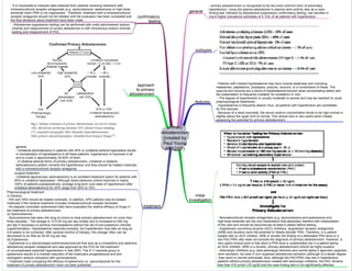 primary
aldosteronism
[created by
Paul Young
05/12/07]
subtypes
initial
investigation
approach
to primary
aldosteronism
general
- primary aldosteronism is recognized to be the most common form of secondary
hypertension. Using the plasma aldosterone to plasma renin activity ratio as a case-
finding test, followed by aldosterone suppression confirmatory testing, has resulted in
much higher prevalence estimates of 5-13% of all patients with hypertension.
treatment
general
- Unilateral adrenalectomy in patients with APA or unilateral adrenal hyperplasia results
in normalization of hypokalaemia in all these patients; hypertension is improved in all
and is cured in approximately 30-60% of them.
- In bilateral adrenal forms of primary aldosteronism, unilateral or bilateral
adrenalectomy seldom corrects the hypertension and they should be treated medically
with a mineralocorticoid receptor antagonist.
features
- Patients with marked hypokalaemia may have muscle weakness and cramping,
headaches, palpitations, polydipsia, polyuria, nocturia, or a combination of these. The
polyuria and nocturia are a result of hypokalaemia-induced renal concentrating defect and
the presentation is frequently mistaken for prostatism in men.
- The degree of hypertension is usually moderate to severe and may be resistant to usual
pharmacological treatments.
- Hypokalaemia is frequently absent; thus, all patients with hypertension are candidates
for this disorder
- Because of a reset osmostat, the serum sodium concentration tends to be high-normal or
slightly above the upper limit of normal. This clinical clue is very useful when initially
assessing the potential for primary aldosteronism.
- Mineralocorticoid receptor antagonists (e.g. spironolactone and eplerenone) and
high-dose amiloride are the only medications that absolutely interfere with interpretation
of the ratio and should be discontinued at least 6 weeks before testing.
- Angiotensin-converting enzyme (ACE) inhibitors, angiotensin receptor antagonists
(ARB) and diuretics have the potential to 'falsely elevate' PRA. Therefore, in a patient
treated with an ACE inhibitor, ARB or diuretic the finding of a detectable PRA level or a
low PAC:PRA ratio does not exclude the diagnosis of primary aldosteronism. However, a
very useful clinical point is that when a PRA level is undetectably low in a patient taking
an ACE inhibitor, ARB or a diuretic, primary aldosteronism should be highly suspect.
- Adrenergic inhibitors (e.g. beta-adrenergic blockers and central alpha-2 agonists) suppress
renin secretion, but also in turn suppress aldosterone secretion (although to a lesser degree
than renin) in normal individuals; thus, although the PAC/PRA may rise in hypertensive
patients without primary aldosteronism treated with adrenergic inhibitors, the PAC remains
less than 416 pmol/l (15 ng/dl) and the case finding test is not significantly affected.
confirmatory
testing
- It is impossible to interpret data obtained from patients receiving treatment with
mineralocorticoid receptor antagonists (e.g. spironolactone, eplerenone) or high-dose
amiloride when PRA is not suppressed. Therefore, treatment with a mineralocorticoid
receptor antagonist should not be initiated until the evaluation has been completed and
the final decisions about treatment have been made
- Aldosterone suppression testing can be performed with orally administered sodium
chloride and measurement of urinary aldosterone or with intravenous sodium chloride
loading and measurement of PAC.
surgical treatment
- Unilateral laparoscopic adrenalectomy is an excellent treatment option for patients with
APA or unilateral hyperplasia. Although blood pressure control improves in nearly
100% of patients postoperatively, average long-term cure rates of hypertension after
unilateral adrenalectomy for APA range from 30% to 72%.
Pharmacological treatment
(i) General
- IHA and GRA should be treated medically. In addition, APA patients may be treated
medically if the medical treatment includes mineralocorticoid receptor blockade.
- No placebo controlled randomized trials have evaluated the relative efficacy of drugs in
the treatment of primary aldosteronism.
(ii) Spironolactone
- Spironolactone has been the drug of choice to treat primary aldosteronism for more than
three decades. The dosage is 12.5-25 mg per day initially and is increased to 400 mg
per day if necessary to achieve normokalaemia without the aid of oral potassium chloride
supplementation. Hypokalaemia responds promptly, but hypertension may take as long as
4-8 weeks to be corrected. After several months of therapy, this dosage often can be
decreased to as little as 25-50 mg per day
(iii) Eplerenone
- Eplerenone is a steroid-based antimineralocorticoid that acts as a competitive and selective
aldosterone receptor antagonist and was approved by the FDA for the treatment
of uncomplicated essential hypertension in late 2003. The 9,11-epoxide group in
eplerenone results in a marked reduction of the molecule's progestational and anti-
androgenic actions compared with spironolactone
- Treatment trials comparing the efficacy of eplerenone vs. spironolactone for the
treatment of primary aldosteronism have not been published.
 