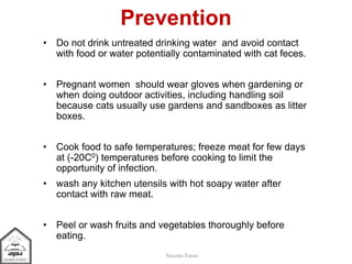 Prevention
Souzan Eassa
• Do not drink untreated drinking water and avoid contact
with food or water potentially contaminated with cat feces.
• Pregnant women should wear gloves when gardening or
when doing outdoor activities, including handling soil
because cats usually use gardens and sandboxes as litter
boxes.
• Cook food to safe temperatures; freeze meat for few days
at (-20C0) temperatures before cooking to limit the
opportunity of infection.
• wash any kitchen utensils with hot soapy water after
contact with raw meat.
• Peel or wash fruits and vegetables thoroughly before
eating.
 