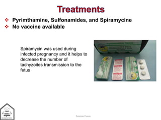  Pyrimthamine, Sulfonamides, and Spiramycine
 No vaccine available
Souzan Eassa
Spiramycin was used during
infected pregnancy and it helps to
decrease the number of
tachyzoites transmission to the
fetus
 