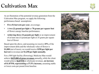 10
As an illustration of the potential revenue generation from the
Cultivation Max program, we apply the following
performance-based assumptions:
• Five (5) harvests per year, on average;
• A two (2) pound per light or 70 grams per square foot
of flower canopy baseline performance;
• Achieving three (3) pounds per light or an improvement
of at least one (1) pound per light or 35 grams per square
foot of flower
Based upon the above, and assuming we receive 25% of the
improvement delta and the wholesale value of flower is
$1,000 (net of taxes), we would receive $250 per light per
harvest in revenues or $1,250 per light annually.
For a 500 light facility (flowering), Medicine Man would
achieve $625,000 of gross revenues annually, while the client
would achieve $6.875M in wholesale revenues, an increase
of $1.875M, representing a 37.5% increase, assuming stable
or lower costs per pound from baseline.
Cultivation Max
 