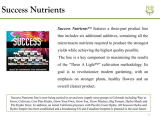 12
Success Nutrients™ features a three-part product line
that includes six additional additives, containing all the
micro/macro nutrients required to produce the strongest
yields while achieving the highest quality possible.
The line is a key component to maximizing the results
of the “Three A Light™” cultivation methodology. Its
goal is to revolutionize modern gardening, with an
emphasis on stronger plants, healthy flowers and an
overall cleaner product.
Success Nutrients line is now being carried in several new supply store groups in Colorado including Way to
Grow, Cultivate, Cost Plus Hydro, Grow Your Own, Grow Fax, Grow Masterz, Big Tomato, Hydro Shack and
The Hydro Store. In addition, an initial California presence with Pacific Coast Hydro, All Seasons Hydro and
Hydro Empire has been established and a broadening US and Canadian footprint is planned in the near future.
Success Nutrients
 
