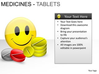 MEDICINES - TABLETS

                       Your Text Here
                  • Your Text Goes here
                  • Download this awesome
                    diagram
                  • Bring your presentation
                    to life
                  • Capture your audience’s
                    attention
                  • All images are 100%
                    editable in powerpoint




                                              Your logo
 