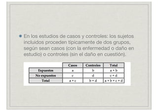 En los estudios de casos y controles: los sujetos
incluidos proceden típicamente de dos grupos,
según sean casos (con la enfermedad o daño en
estudio) o controles (sin el daño en cuestión).
 