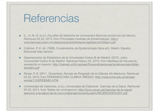 Referencias
C., A. M.-A. (n.d.). Facultad de Medicina de Universidad Nacional Autónoma del Mexico.
Retrieved 03 20, 2013, from Principales medidas de Epidemiología: http://
www.facmed.unam.mx/deptos/salud/bibliotecav/epibasica%20spm.pdf

Colimon, P. K.-M. (1990). Fundamentos de Epidemiología (3era ed.). Madrir, España:
Ediciones Díaz Santos.

Departamento de Estadística de la Universidad Carlos III de Madird. (2010, Julio).
Universidad Carlos III de Madird. Retrieved Marzo 20, 2013, from Medidas de frecuencia,
asosiación e impacto: http://halweb.uc3m.es/esp/Personal/personas/amalonso/esp/bstat-
tema3m.pdf

Rinesi, P. D. (2011, Diciembre). Revista de Posgrado de la Cátedra VIa Medicina. Retrieved
03 20, 2013, from EPIDEMIOLOGIA CLINICA: RIESGO: http://med.unne.edu.ar/revista/
revista112/EPIDEMIO.HTM

Universidad de Catanbria. (n.d.). Universidad de Catanbria- Ciencias de la Salud. Retrieved
03 20, 2013, from Tablas de contingencia: http://ocw.unican.es/ciencias-de-la-salud/
atencion-a-la-salud-de-la-comunidad/ejercicios/Ayuda%20EJERCICIO%201.pdf
 