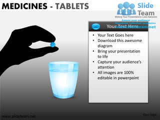 MEDICINES - TABLETS

                             Your Text Here
                      • Your Text Goes here
                      • Download this awesome
                        diagram
                      • Bring your presentation
                        to life
                      • Capture your audience’s
                        attention
                      • All images are 100%
                        editable in powerpoint




                                                  Your logo
www.slideteam.net
 
