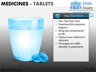 MEDICINES - TABLETS

                             Your Text Here
                      • Your Text Goes here
                      • Download this awesome
                        diagram
                      • Bring your presentation
                        to life
                      • Capture your audience’s
                        attention
                      • All images are 100%
                        editable in powerpoint




                                                  Your logo
www.slideteam.net
 