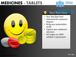 MEDICINES - TABLETS

                           Your Text Here
                      • Your Text Goes here
                      • Download this awesome
                        diagram
                      • Bring your presentation
                        to life
                      • Capture your audience’s
                        attention
                      • All images are 100%
                        editable in powerpoint




                                                  Your logo
www.slideteam.net
 