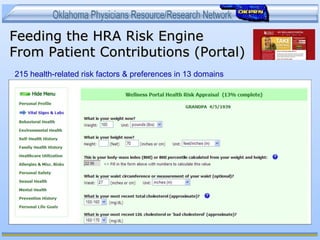Feeding the HRA Risk EngineFeeding the HRA Risk Engine
From Patient Contributions (Portal)From Patient Contributions (Portal)
215 health-related risk factors & preferences in 13 domains
 