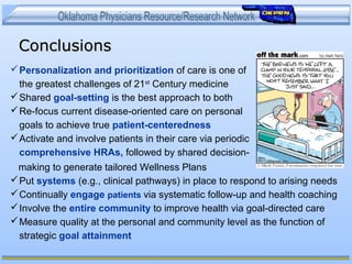 ConclusionsConclusions
Personalization and prioritization of care is one of
the greatest challenges of 21st
Century medicine
Shared goal-setting is the best approach to both
Re-focus current disease-oriented care on personal
goals to achieve true patient-centeredness
Activate and involve patients in their care via periodic
comprehensive HRAs, followed by shared decision-
making to generate tailored Wellness Plans
Put systems (e.g., clinical pathways) in place to respond to arising needs
Continually engage patients via systematic follow-up and health coaching
Involve the entire community to improve health via goal-directed care
Measure quality at the personal and community level as the function of
strategic goal attainment
 