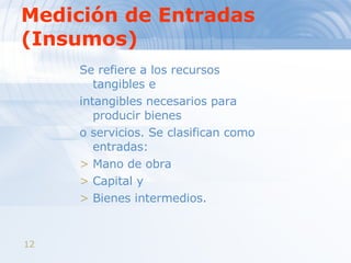 Medición de Entradas (Insumos) Se refiere a los recursos tangibles e  intangibles necesarios para producir bienes  o servicios. Se clasifican como entradas:  Mano de obra  Capital y  Bienes intermedios.  