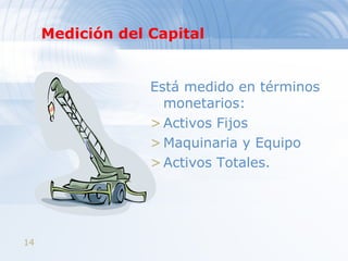 Medición del Capital Está medido en términos monetarios:  Activos Fijos  Maquinaria y Equipo  Activos Totales.  