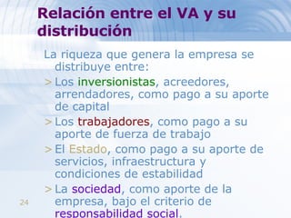 Relación entre el VA y su distribución La riqueza que genera la empresa se distribuye entre: Los  inversionistas , acreedores, arrendadores, como pago a su aporte de capital Los  trabajadores , como pago a su aporte de fuerza de trabajo El  Estado , como pago a su aporte de servicios, infraestructura y condiciones de estabilidad La  sociedad , como aporte de la empresa, bajo el criterio de  responsabilidad social . 