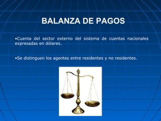 BALANZA DE PAGOS
•Cuenta del sector externo del sistema de cuentas nacionales
expresadas en dólares.
•Se distinguen los agentes entre residentes y no residentes.
 