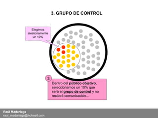 3. GRUPO DE CONTROL


                  Elegimos
               aleatoriamente
                   un 10%




                             3
                                 Dentro del público objetivo,
                                 seleccionamos un 10% que
                                 será el grupo de control y no
                                 recibirá comunicación…



Raúl Madariaga
raul_madariaga@hotmail.com
 