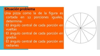 Situación problema
Una pizza como la de la figura es
cortada en 12 porciones iguales,
determina:
•El ángulo central de cada porción en
vueltas
•El ángulo central de cada porción en
grados
•El ángulo central de cada porción en
radianes
 