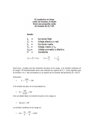 Ejercicio: ¿Cuáles son las tensiones de pico en la carga y la tensión continua en 
la carga?. El transformador tiene una relación de espiras de 5:1. (Esto significa que 
la tensión r.m.s. del secundario es un quinto de la tensión del primario),VP=120 V. 
Solución: 
· V 120 
V 24V 
2 = = 
5 
Y la tensión de pico en el secundario es: 
Vp 24 V · = = 
34V 
0,707 
Con un diodo ideal, la tensión de pico en la carga es: 
· Vp(out) = 34V 
La tensión continua en la carga es: 
· Vdc = Vp = 34V = 10,8V 
p p 
 